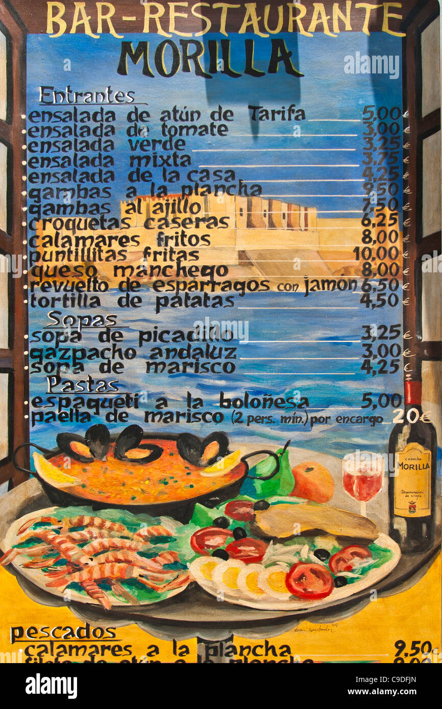 Menu restaurant peint en espagnol, Tarifa, Costa de la Luz, Andalousie, Espagne Banque D'Images