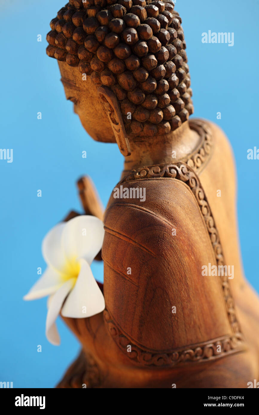 Le futur Bouddha Maitreya dans la méditation avec fleur de frangipanier Inde Banque D'Images