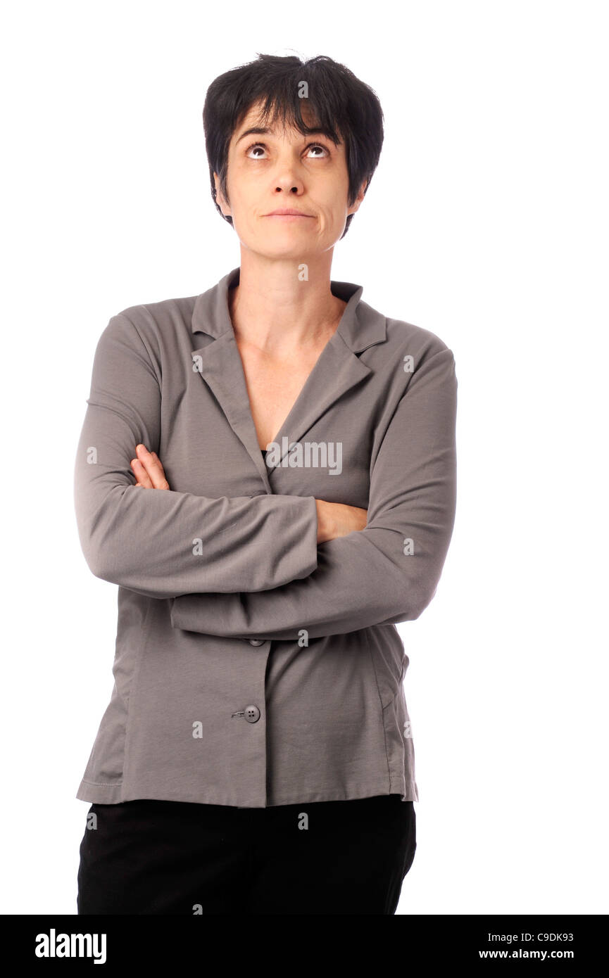 Business Woman looking up et de penser. Isolé sur fond blanc Banque D'Images