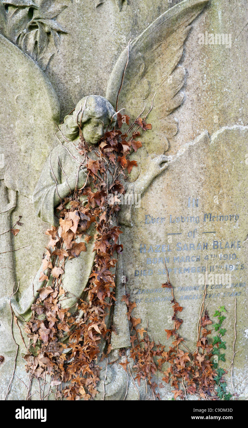 Ange sculpté avec Memorial et Dead feuilles de lierre Banque D'Images