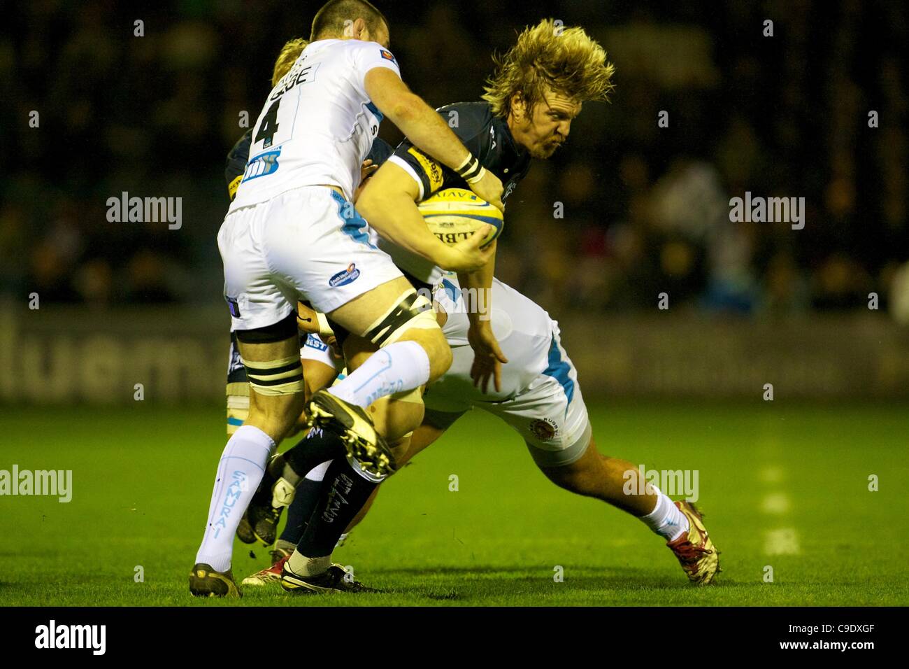 25.11.2011 Stockport, Angleterre. Sale Sharks numéro 8 Andy Powell en action au cours de l'Aviva Premiership match entre les Sale Sharks v Exeter Chiefs joué à Edgely Park. Banque D'Images