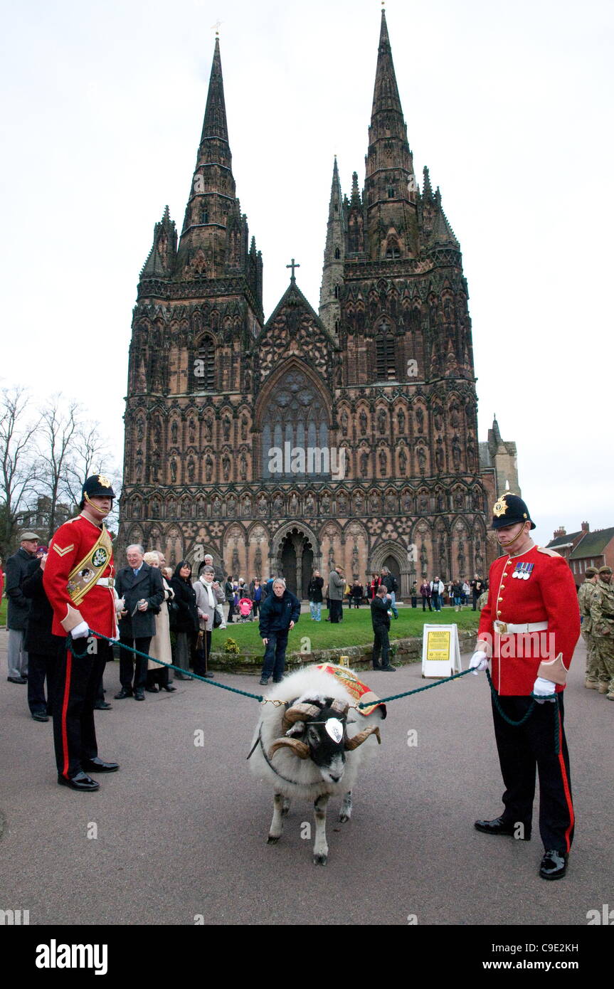 Mascotte du 3e Bataillon du Régiment de mercie à la Cathédrale de Lichfield avant de marcher autour de la ville de Tamworth, Staffordshire, Angleterre avant un retour dans la Cathédrale de Lichfield, le 28 novembre 2011 après leur retour d'Afghanistan Banque D'Images