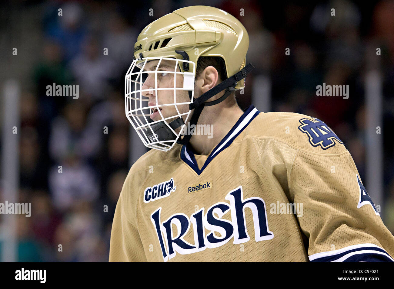 10 déc., 2011 - South Bend, Indiana, États-Unis - Notre Dame center Riley Sheahan (# 4) en première période au cours de l'action Partie de hockey NCAA entre Notre Dame et Ferris State. La Cathédrale Notre Dame Fighting Irish défait les Bulldogs Ferris State 4-1 en match à la famille Compton Ice Arena à South Bend, Indiana. (C Banque D'Images