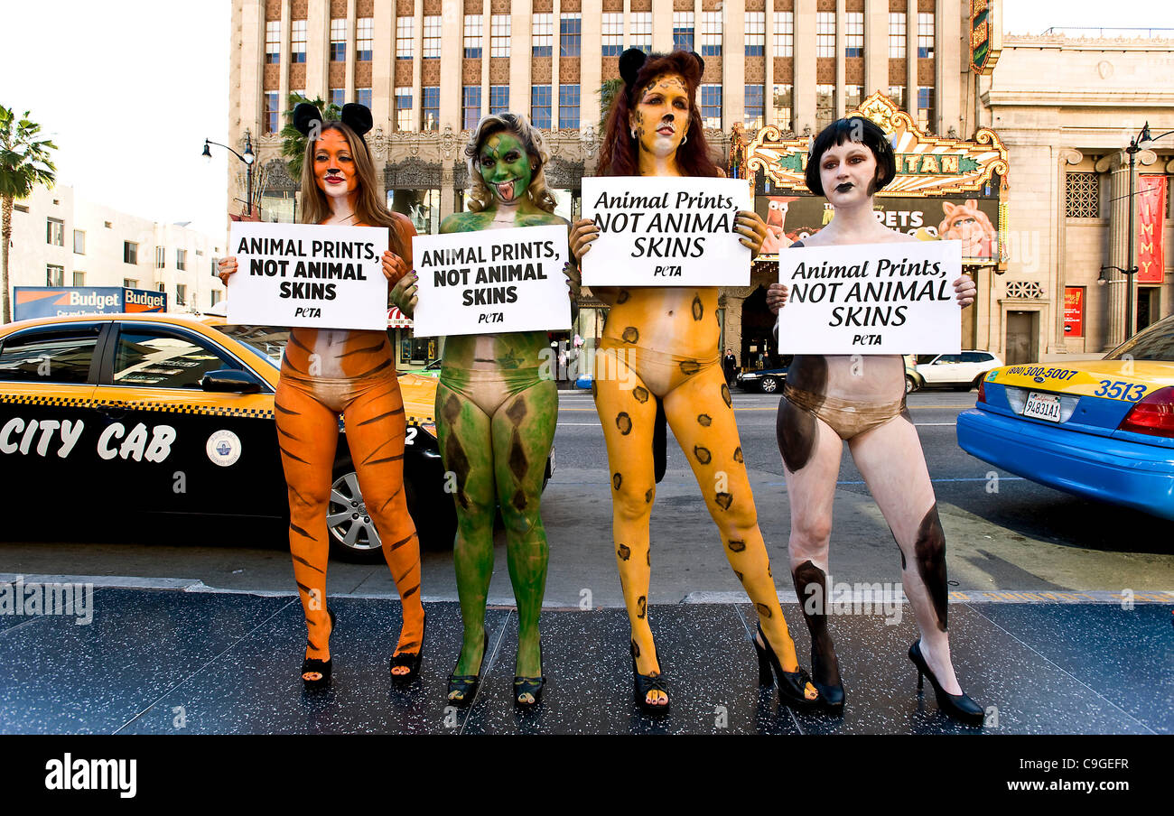 23 décembre 2011 - Hollywood, CA, USA - de gauche à droite, Carmen Garcia, Diana Mendoza, Meggan Anderson et Michelle Carr démontrer au nom du peuple pour le traitement éthique des animaux sur Hollywood Boulevard à l'extérieur de l'Hoolywood / Highland Center. Banque D'Images