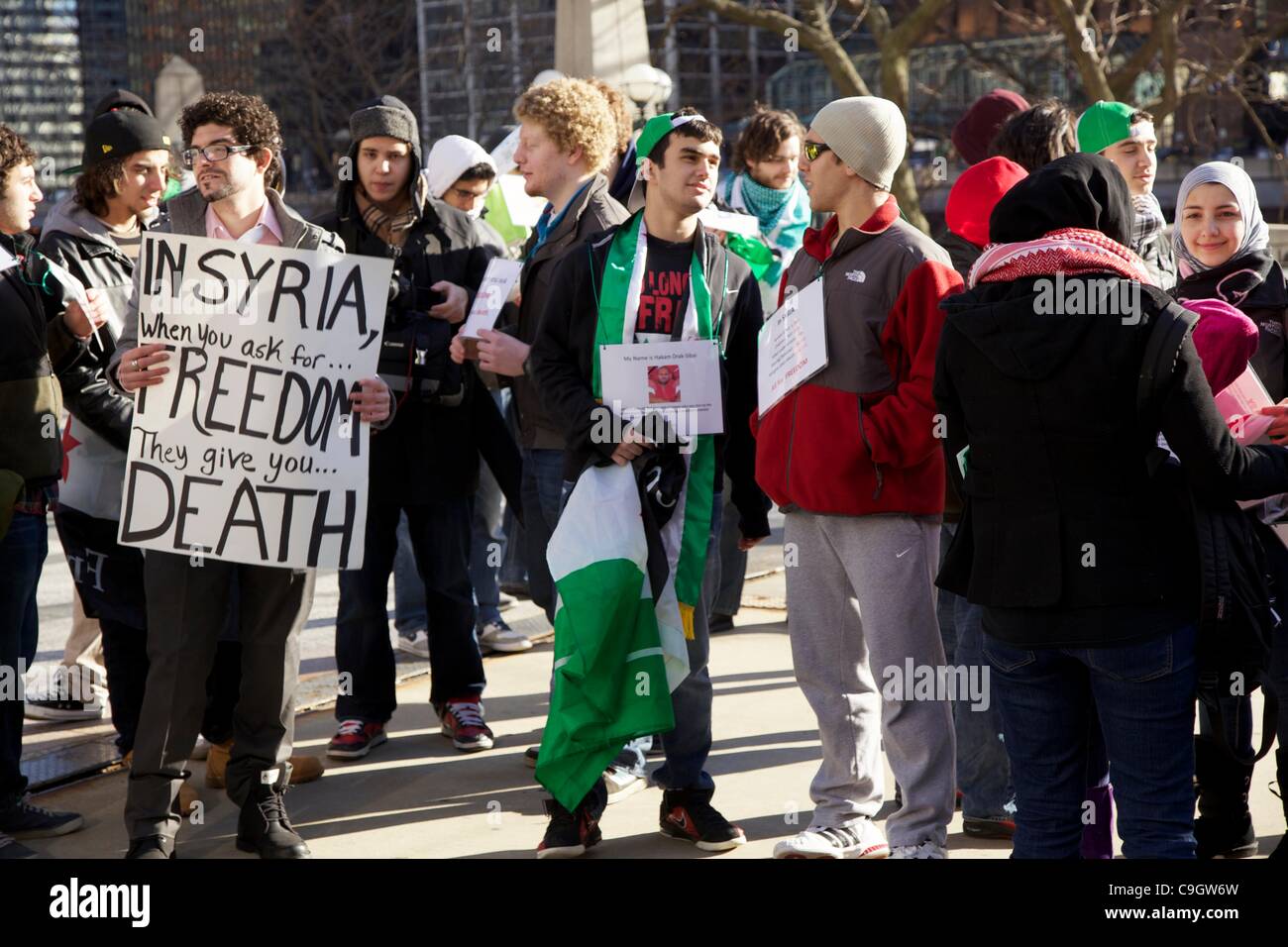 Chicago, USA, 29/12/2011. Pionnier en cour au cours de la lutte contre le gouvernement syrien de protestation. Les manifestants se sont rassemblés pour protester contre le gouvernement syrien le traitement de ses citoyens. Banque D'Images