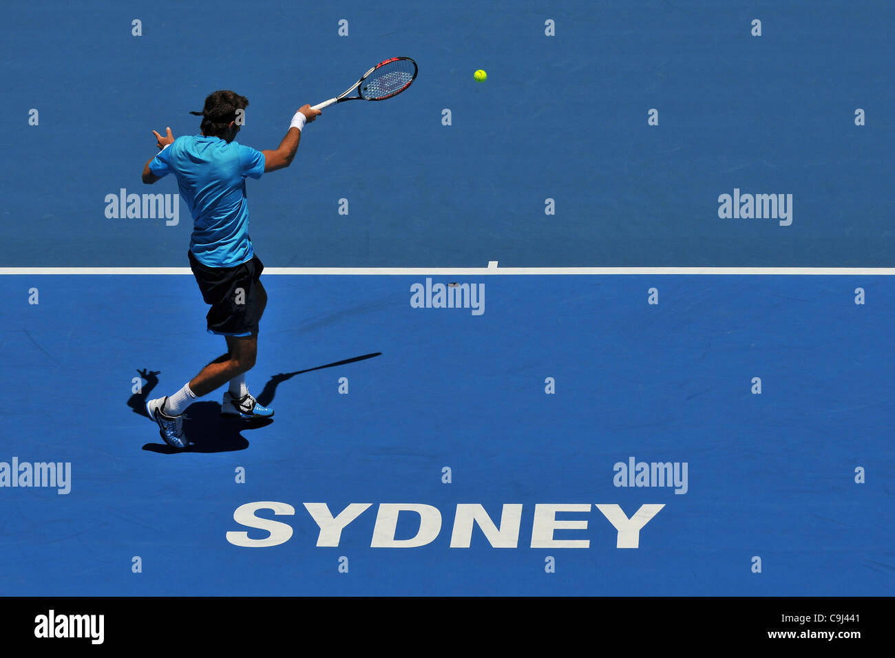 11.01.12 Sydney, Australie.US Open 2009 et l'ancien champion du monde, n°4, Juan Martin Del Potro argentines en action au cours de l'Apia le tournoi de tennis de Sydney International , série ouverte, au centre de tennis du Parc olympique de Sydney,Homebush. Banque D'Images