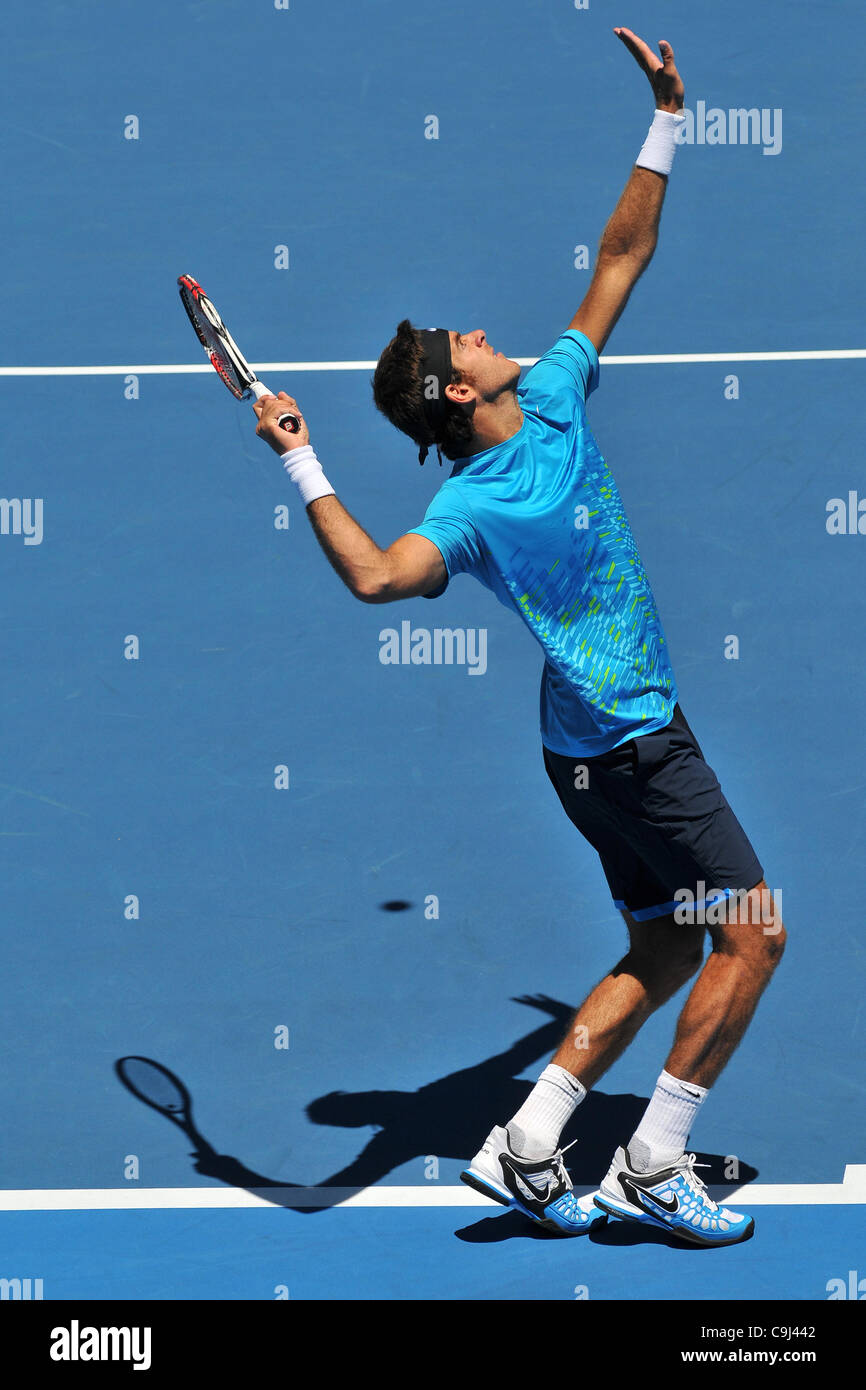 11.01.12 Sydney, Australie.US Open 2009 et l'ancien champion du monde, n°4, Juan Martin Del Potro argentines en action au cours de l'Apia le tournoi de tennis de Sydney International , série ouverte, au centre de tennis du Parc olympique de Sydney,Homebush. Banque D'Images