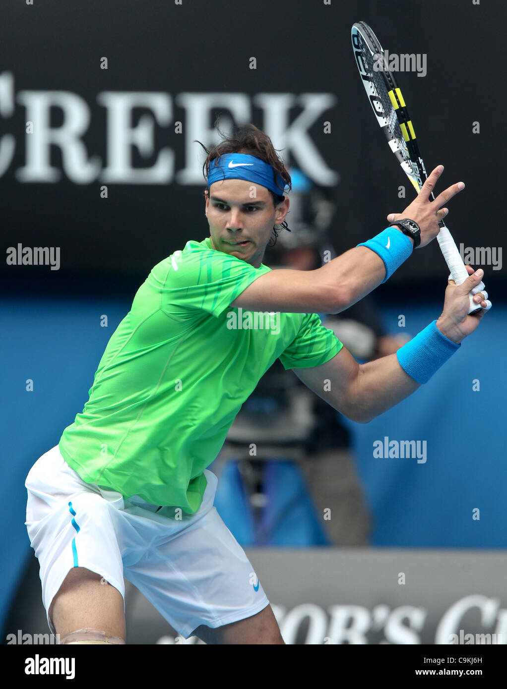 Lukas Lacko jouer Rafael Nadal à l'Open d'Australie, Melbourne, le 20 janvier 2012. Banque D'Images