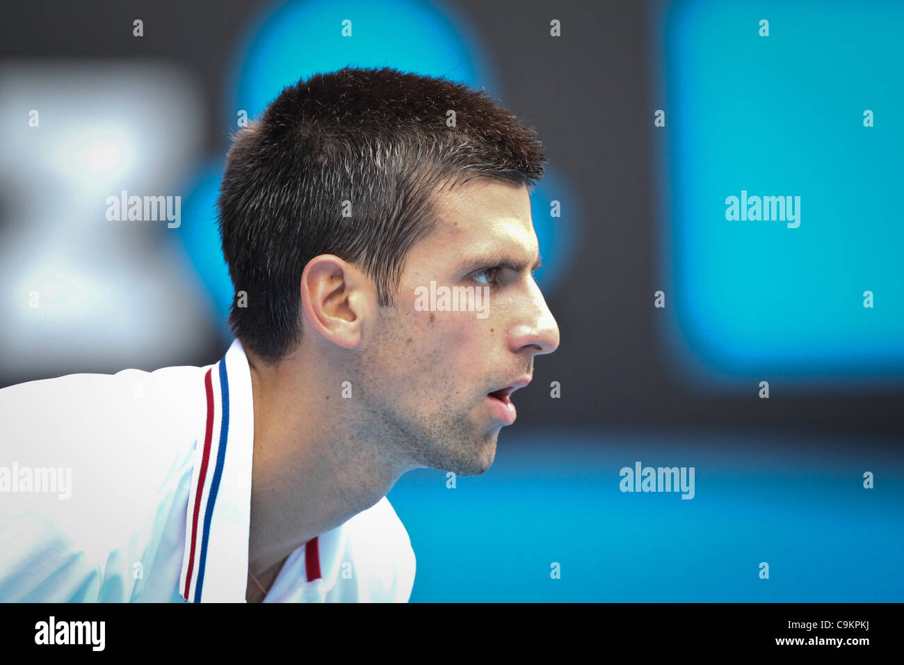 Novak Djokovic jouer Nicolas Mahut à l'Open d'Australie, Melbourne, le 21 janvier 2012. Banque D'Images