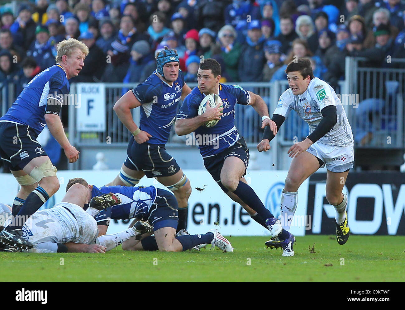 21.01.2012 RDS Arena, Dublin, Irlande. Rob Kearney (Leinster) fait une pause au cours de la Heineken Cup match entre Leinster et Montpellier. Banque D'Images