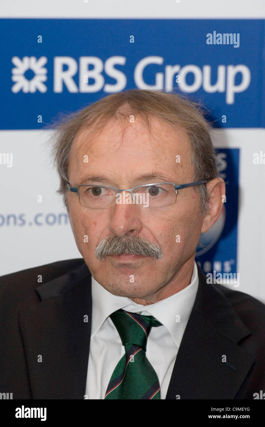 Jacques Brunel, entraîneur de rugby Italie lors du lancement officiel du tournoi des Six Nations de rugby tournoi au Hurlingham Club à Londres. Banque D'Images