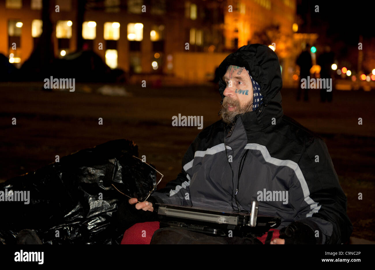 Janvier 30,2012, occupent Washington DC, un manifestant à McPherson Square Banque D'Images