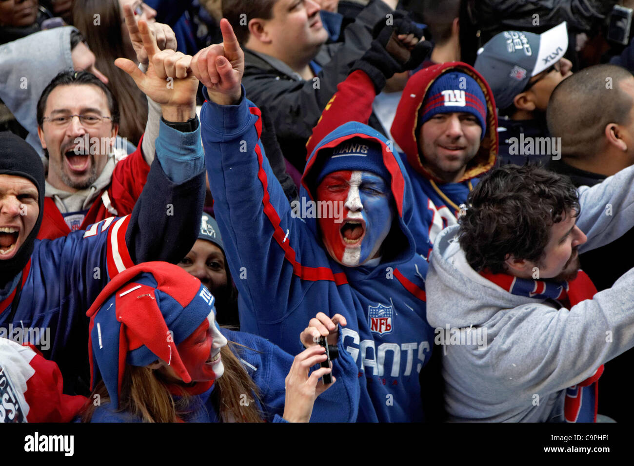 7 Feb 2012, New York. Défilé tenu à Manhattan pour célébrer l'équipe de NFL New York Giants' gagner dans le Superbowl. Banque D'Images