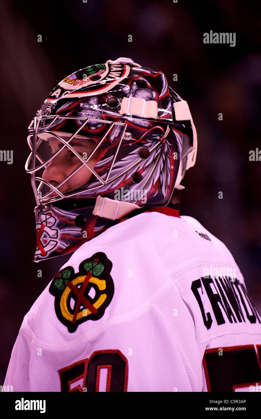 10 février 2012 - San Jose, Californie, États-Unis - le gardien des Blackhawks Corey Crawford (50) au cours de la partie de la LNH entre les Sharks de San Jose et les Blackhawks de Chicago chez HP Pavilion de San Jose, CA. Les Sharks ont remporté 5-3. (Crédit Image : © Matt Cohen/Southcreek/ZUMAPRESS.com) Banque D'Images