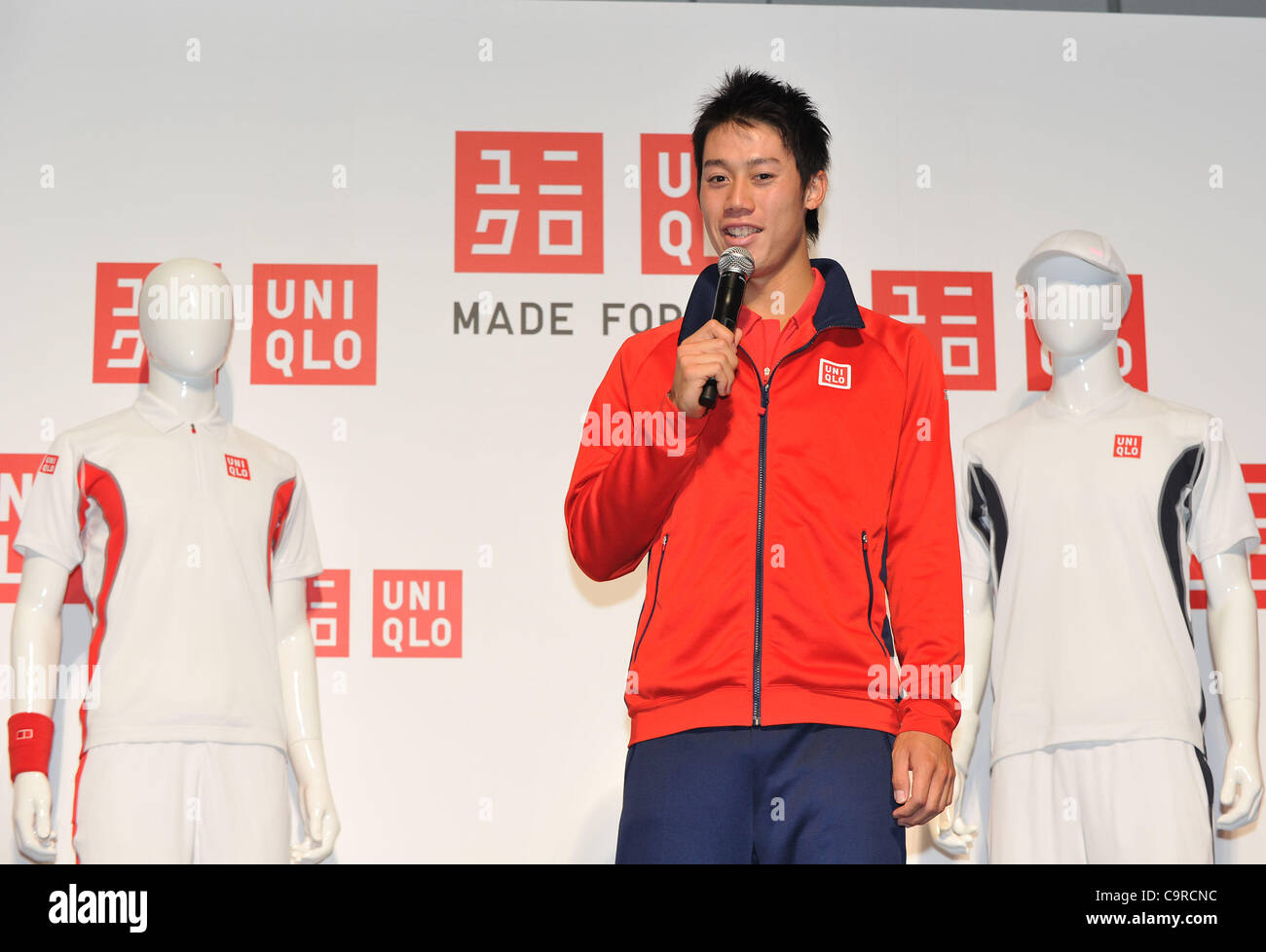 Kei Nishikori, 13 février 2012 - Tennis : conférence de presse pour "UNIQLO"  à Roppongi Tokyo, Japon. La marque japonaise Uniqlo lance une gamme de  vêtements de tennis en avril après le
