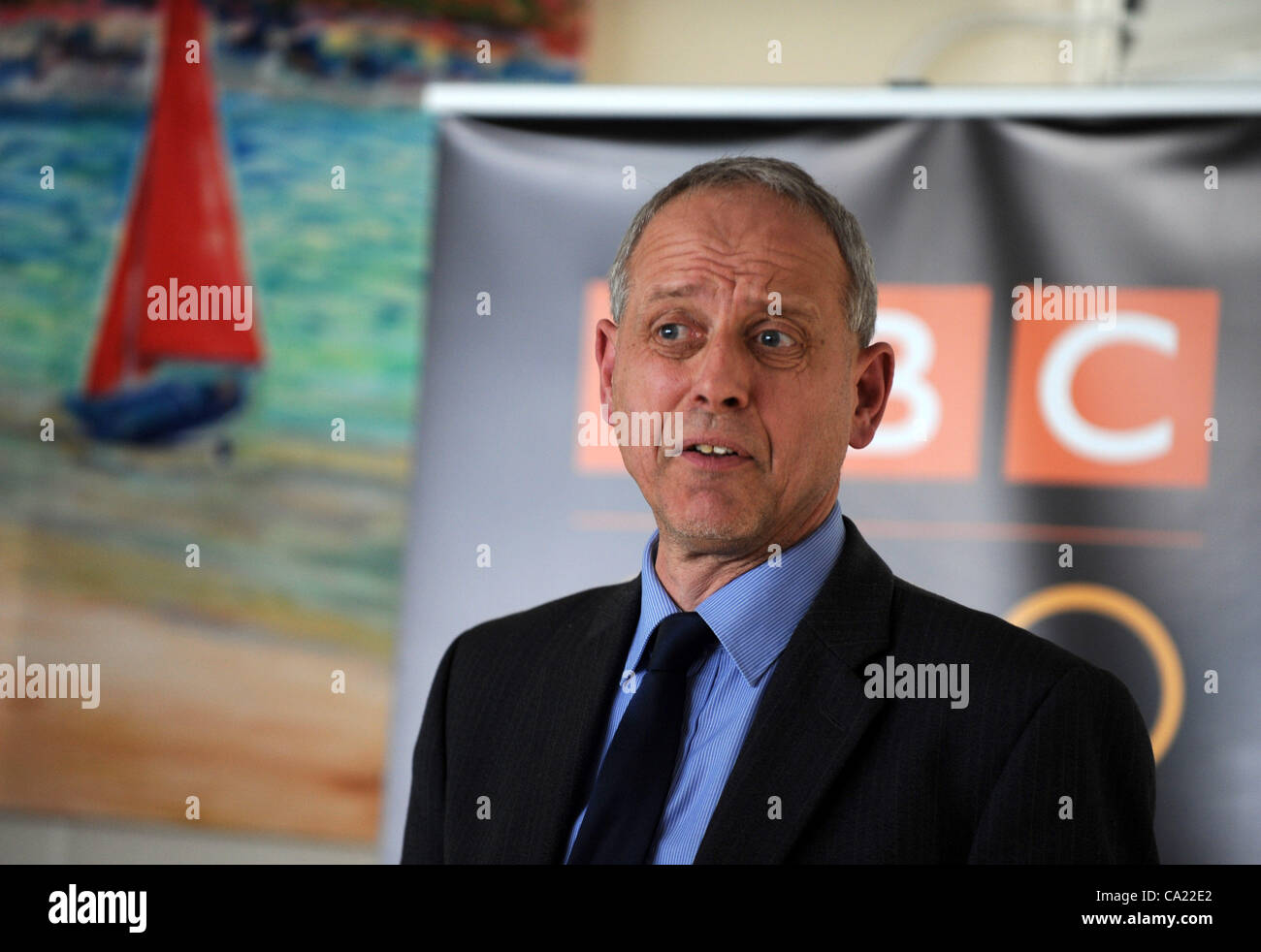 UK, patrons de la BBC révèlent leurs plans pour la couverture des Jeux Olympiques de 2012 la voile à la Weymouth and Portland National Sailing Academy, Portland, Dorset, Angleterre. David Holdsworth, contrôleur de BBC English Régions. 22/03/2012 Photo par : Dorset Service de média. Banque D'Images