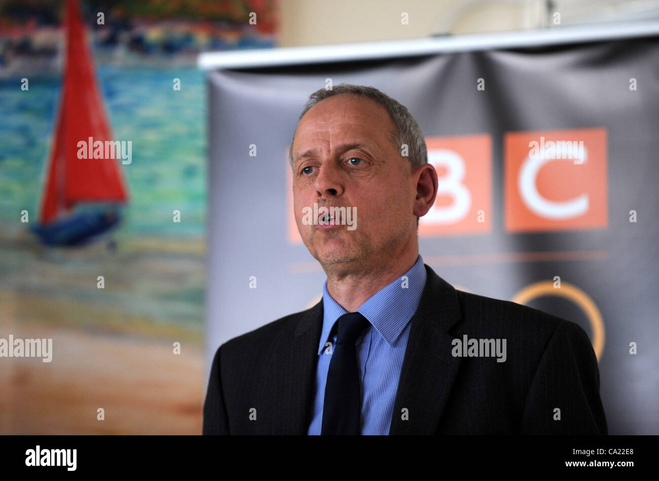 UK, patrons de la BBC révèlent leurs plans pour la couverture des Jeux Olympiques de 2012 la voile à la Weymouth and Portland National Sailing Academy, Portland, Dorset, Angleterre. David Holdsworth, contrôleur de BBC English Régions. 22/03/2012 Photo par : Dorset Service de média. Banque D'Images