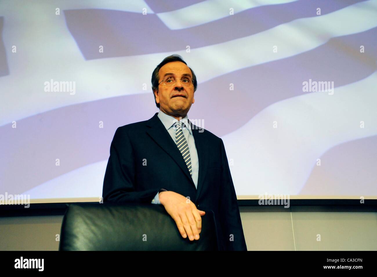 Athènes - Grèce, le 31 mai 2012 - parti Antonis Samaras, chef du parti conservateur Nouvelle démocratie, présentant le programme économique du parti à l'A.C.C.I. Athènes (Chambre de Commerce d'Industrie) Banque D'Images