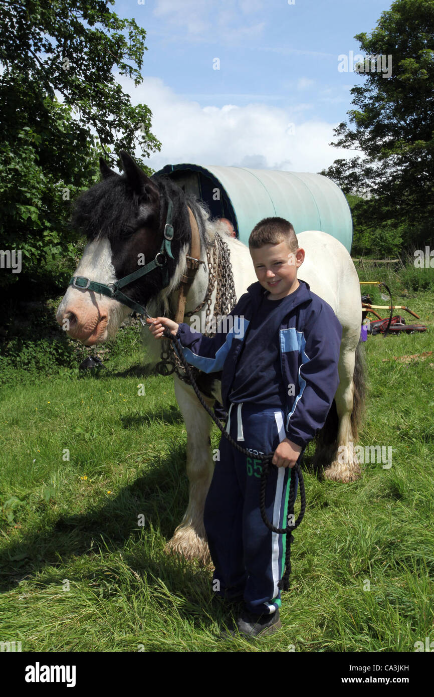 1er juin 2012 : James Livesey avec Cob Horse et Bow Top Carriage à Kirkby Lonsdale au point de rassemblement pour l'Appleby Horse Fair, Cumbria, Royaume-Uni. Caravanes tziganes traditionnelles tirées par des chevaux ou wagons recouverts de toile « Bow Top » en route vers le rassemblement annuel à Appleby, South Lakeland, Royaume-Uni   Cob and Romany Showman's Accommodation Wagon of the Travelling Community, camping à Bainbridge, dans les North Yorkshire Dales, en route vers la Appleby Horse Fair, Royaume-Uni Banque D'Images