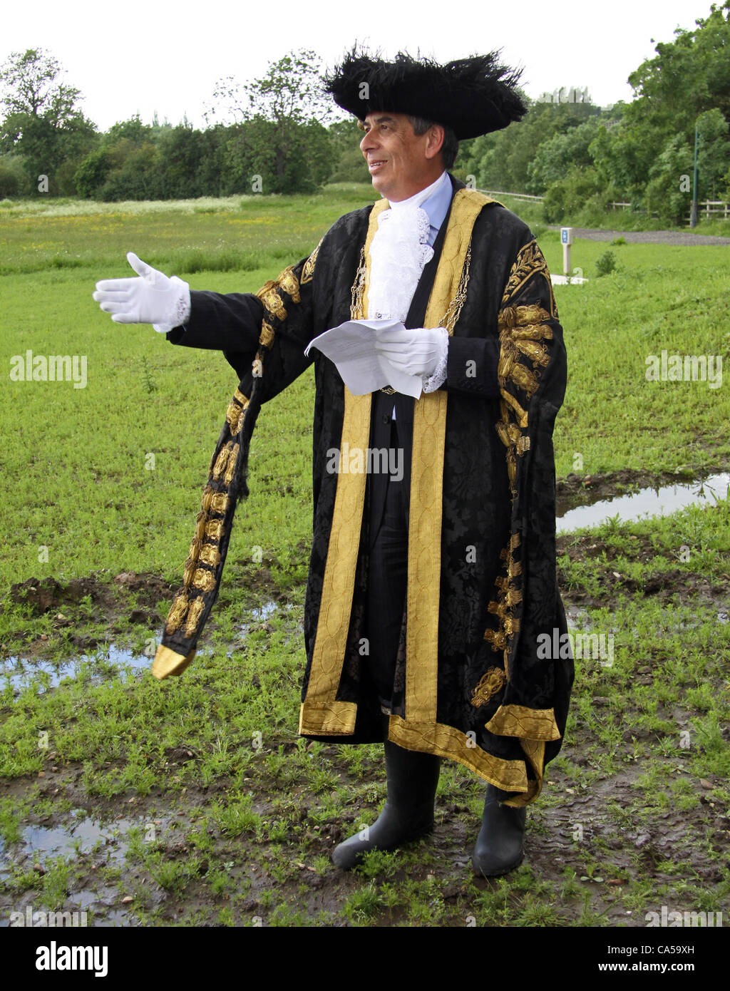 9 juin 2012. York, UK, le maire de New York, le conseiller Keith Hyman, se dresse dans un champ détrempé à Fulford près de York d'annoncer la célébration de la tanaisie rare local asiatique, la Queen's Diamond Jubilee et le 800e anniversaire de la ville de New York. Banque D'Images