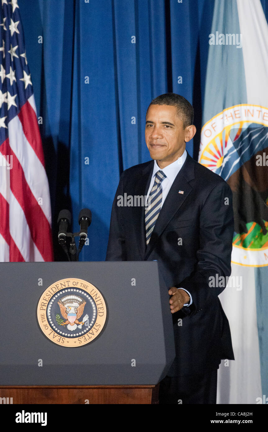 Le président Barak Obama prend la parole lors du 2011 White House Tribal Nations Conférence au ministère de l'Intérieur à Washington D.C. Le vendredi 2 décembre 2001. Banque D'Images