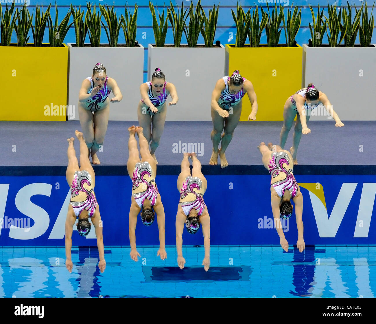 19.04.2012. Stratford, en Angleterre. Le Centre Aquatique de Londres. Natation Synchronisée FINA Qualification Olympique. Great Britain's Yvette Baker, Katie Clark, Katrina Dawkins,Olivia Federici, Jennifer Knobbs,Victoria Lucass, Asha, 1800 Katherine Skelton en action à l'Aquatics Centre de Londres au cours de t Banque D'Images