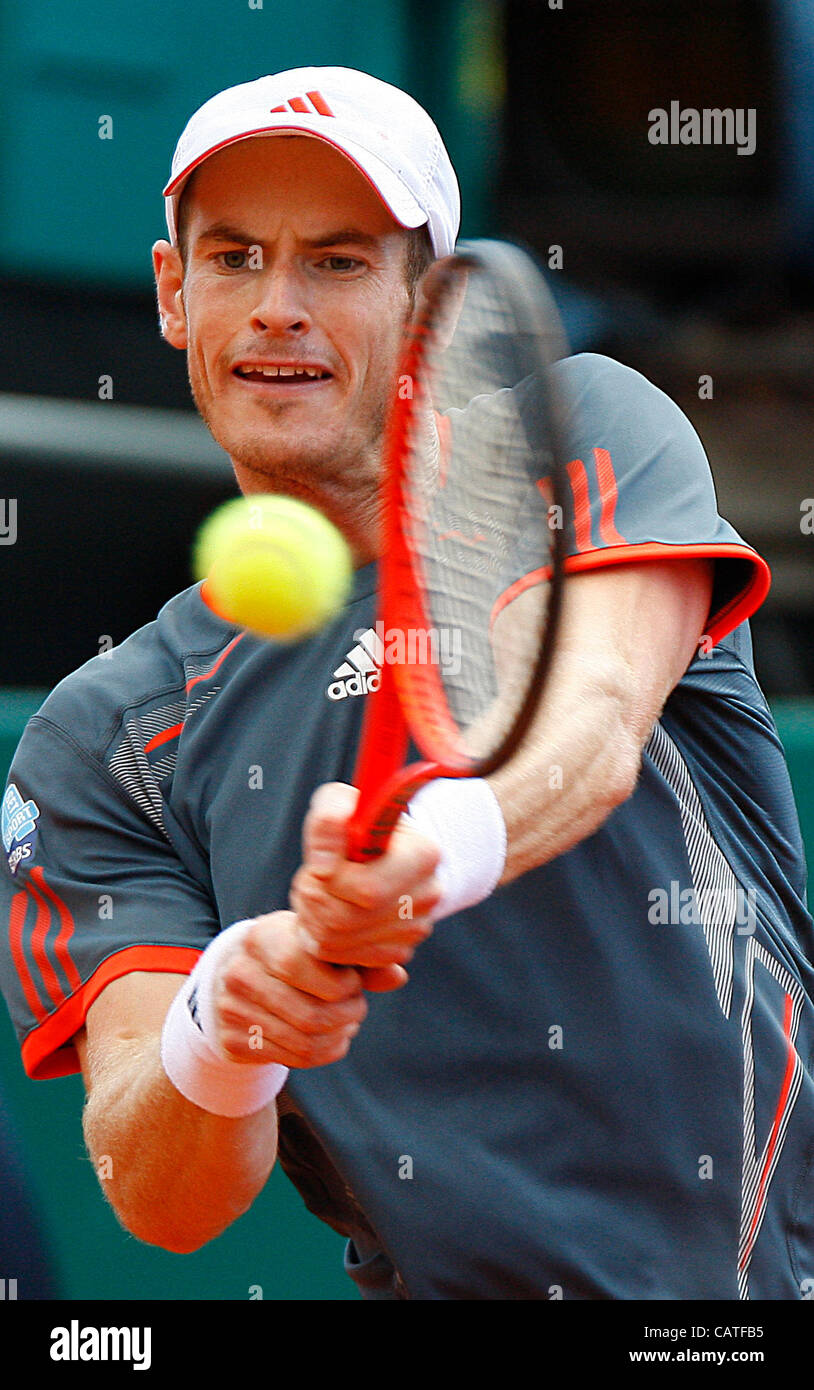 20 avril 2012 - Monaco, Monte-Carlo - Grande-Bretagne's Andy Murray en action au cours de l'épreuve quart-de-finale du Monte-Carlo Rolex Masters 2012 du Monte Carlo Country Club. (Crédit Image : © Michael Cullen/ZUMAPRESS.com) Banque D'Images