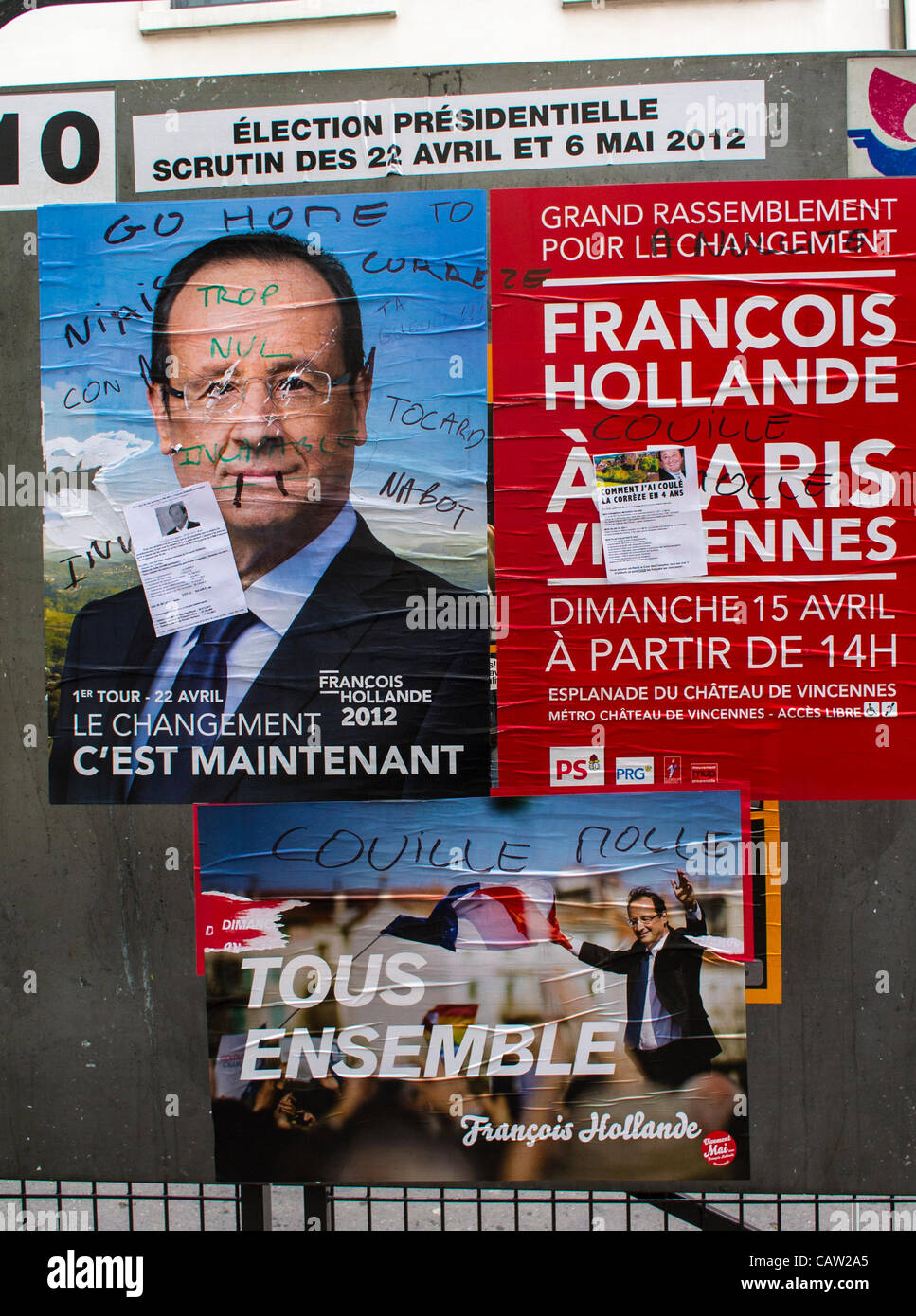 Paris, France, détail, candidat vandalisé affiche de rue French on Display, Elections présidentielles françaises, 'François Hollande' différents signes de campagne, Parti socialiste travailliste, vote france Elections Banque D'Images