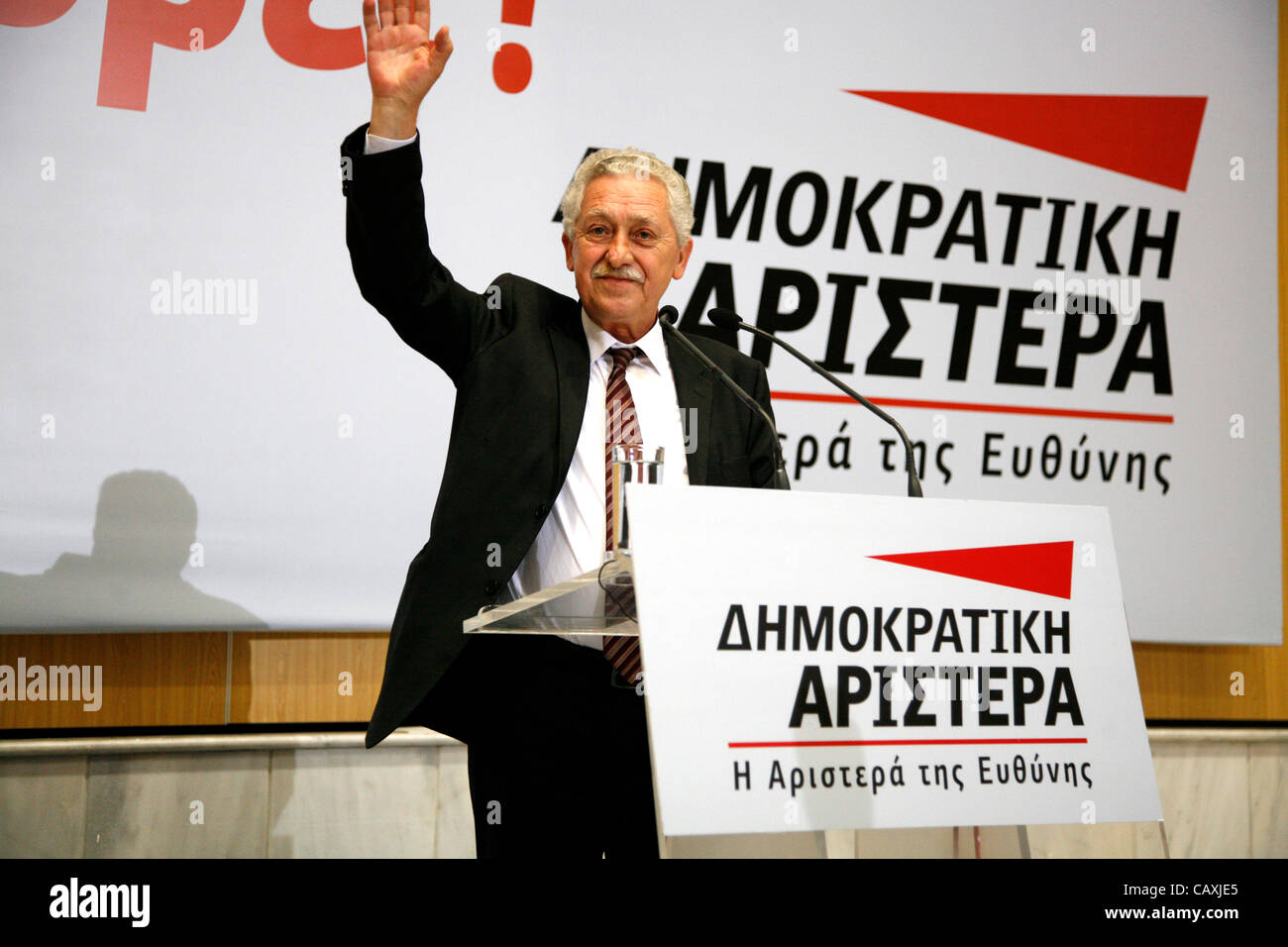 Chef de la gauche démocratique Fotis Kouvelis donne aux discours pré-électoral en Grèce trois jours seulement avant l'élection générale. Le 3 mai 2012. Thessalonique, Grèce. Banque D'Images