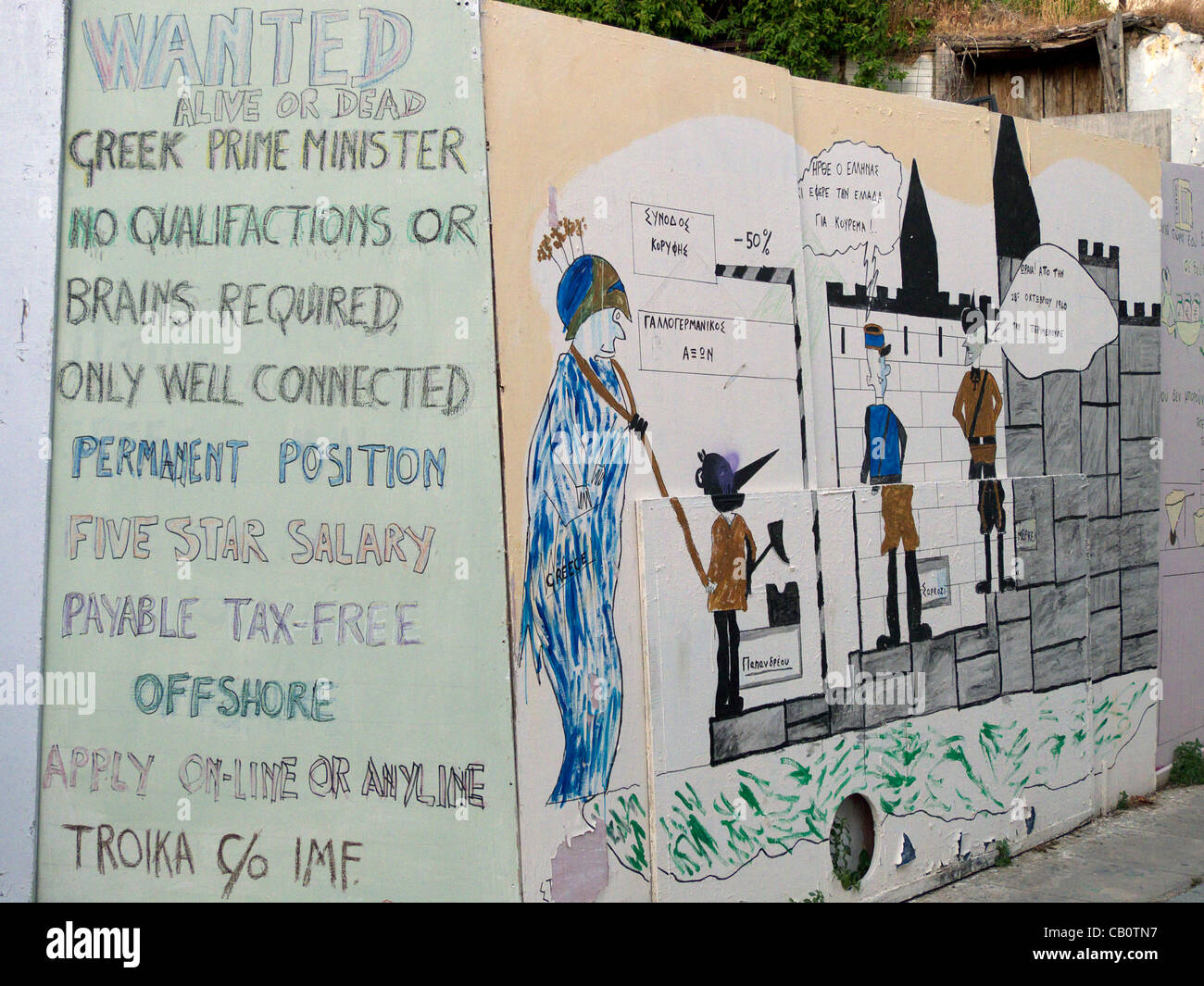 16 mai 2012 - Grèce Athènes Graffiti politique dans le centre de la zone touristique de Plaka d'Athènes sous la forme d'un avis de recherche pour le nouveau Premier ministre grec Banque D'Images