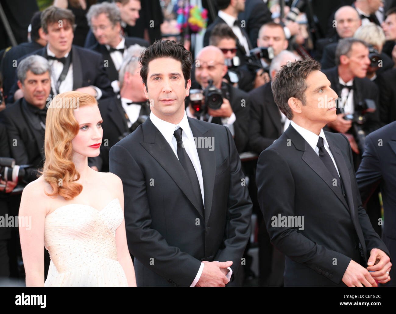 Jessica Chastain, David Schwimmer et Ben Stiller au Madagascar 3 projection de gala : Europe's Most Wanted à la 65e Festival de Cannes. Le vendredi 18 mai 2012 au Festival de Cannes, France. Banque D'Images