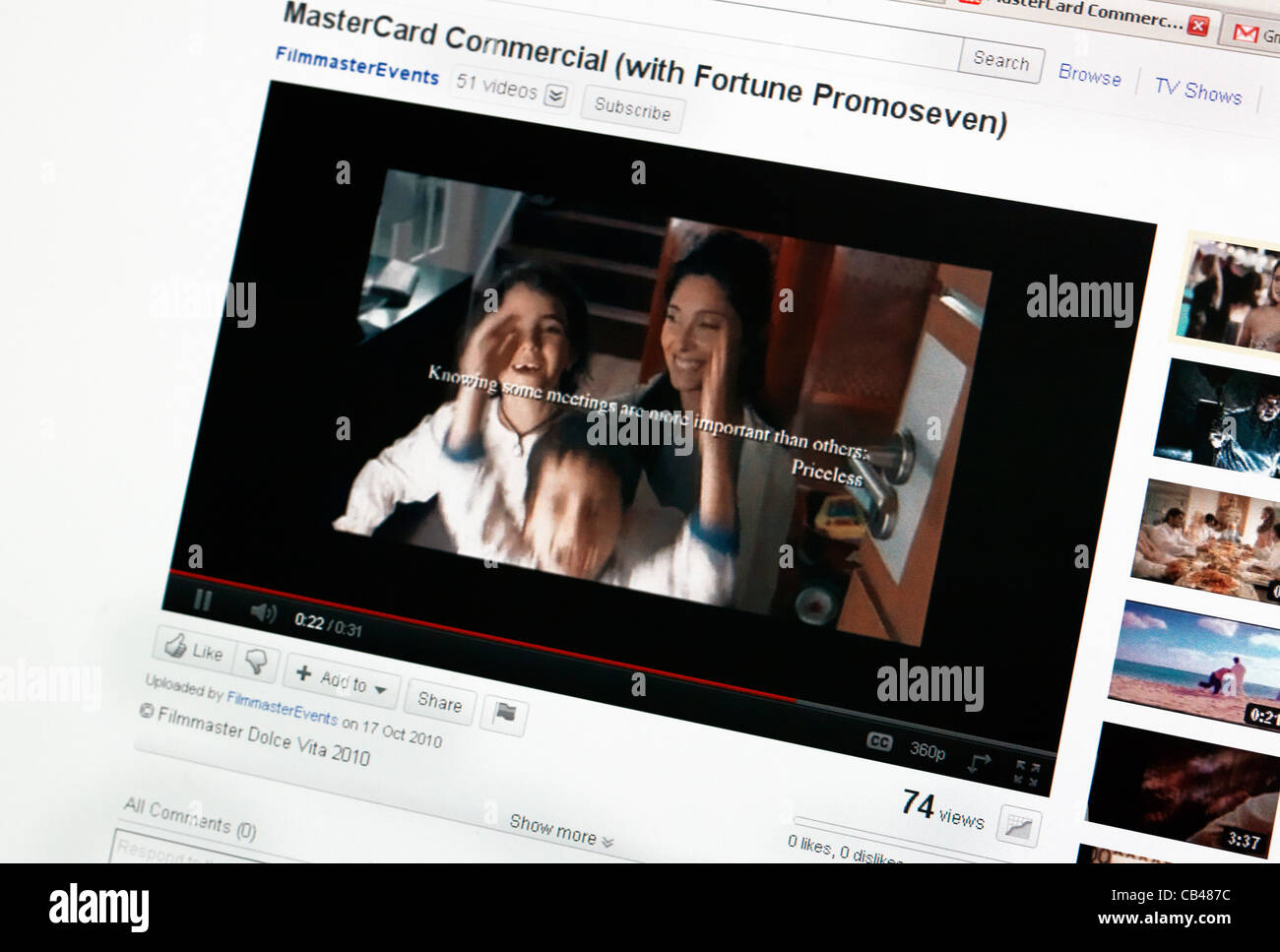 Mastercard Commercial inestimable sur Youtube sur ordinateur Banque D'Images