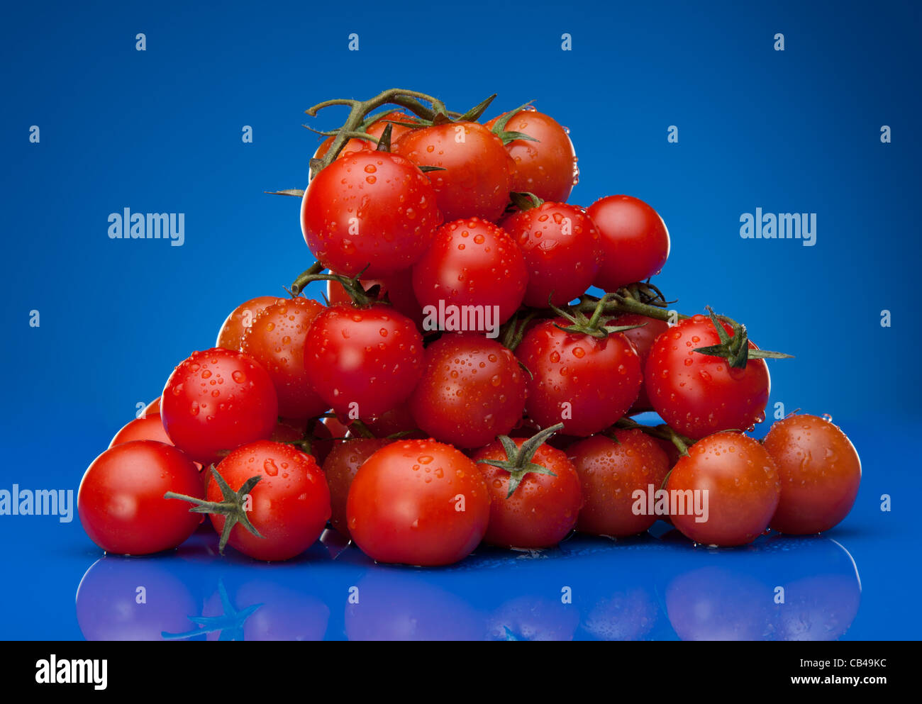 Pile de tomate cerise sur fond bleu Banque D'Images