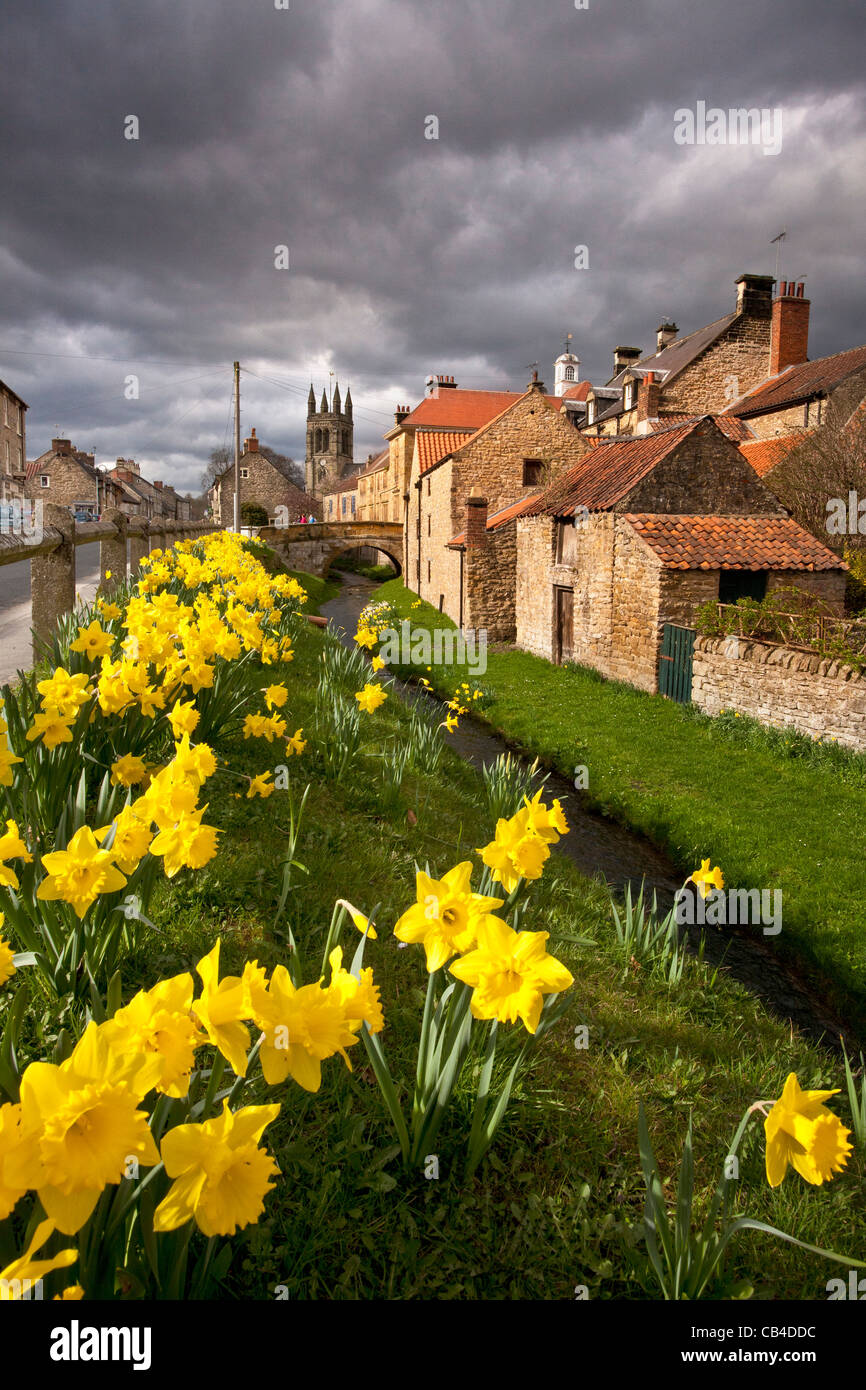 Castlegate Helmsley Yorkshire du Nord avec les jonquilles en fleurs à venir Banque D'Images