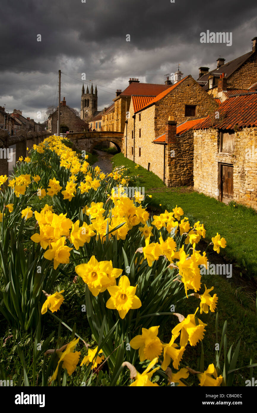 Castlegate Helmsley Yorkshire du Nord avec les jonquilles en fleurs à venir Banque D'Images