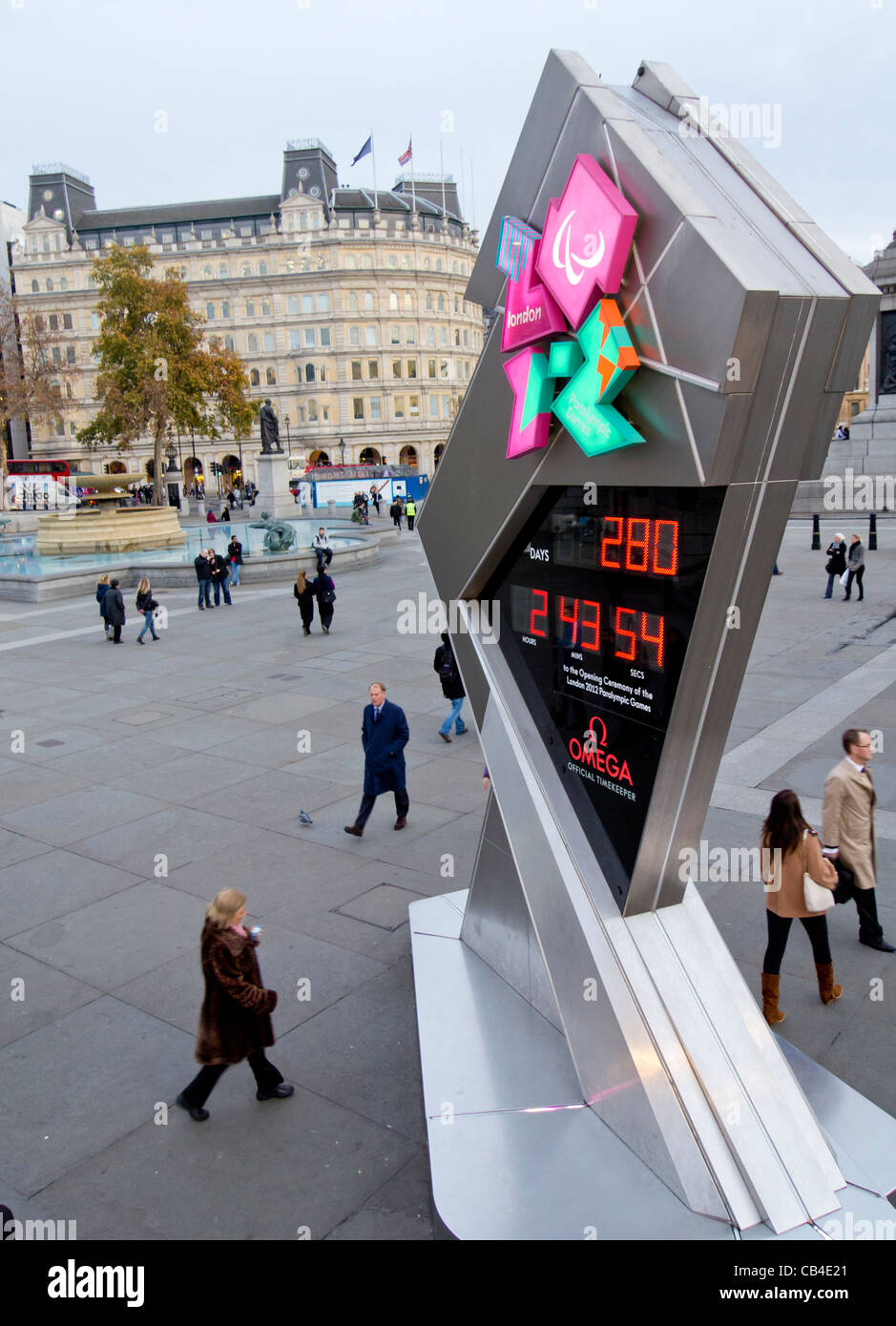 L'horloge du compte à rebours officiel des Jeux Olympiques à Trafalgar Square. Banque D'Images