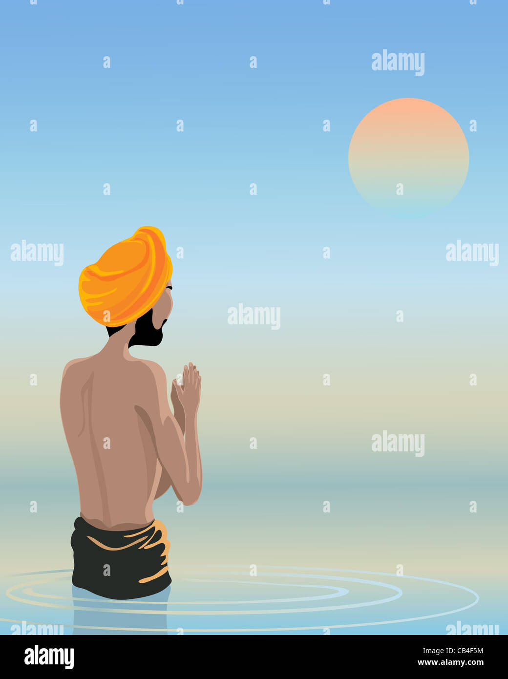 Une illustration d'un sikh echelle int il eaux de la sainte piscine sous un ciel de coucher du soleil Banque D'Images