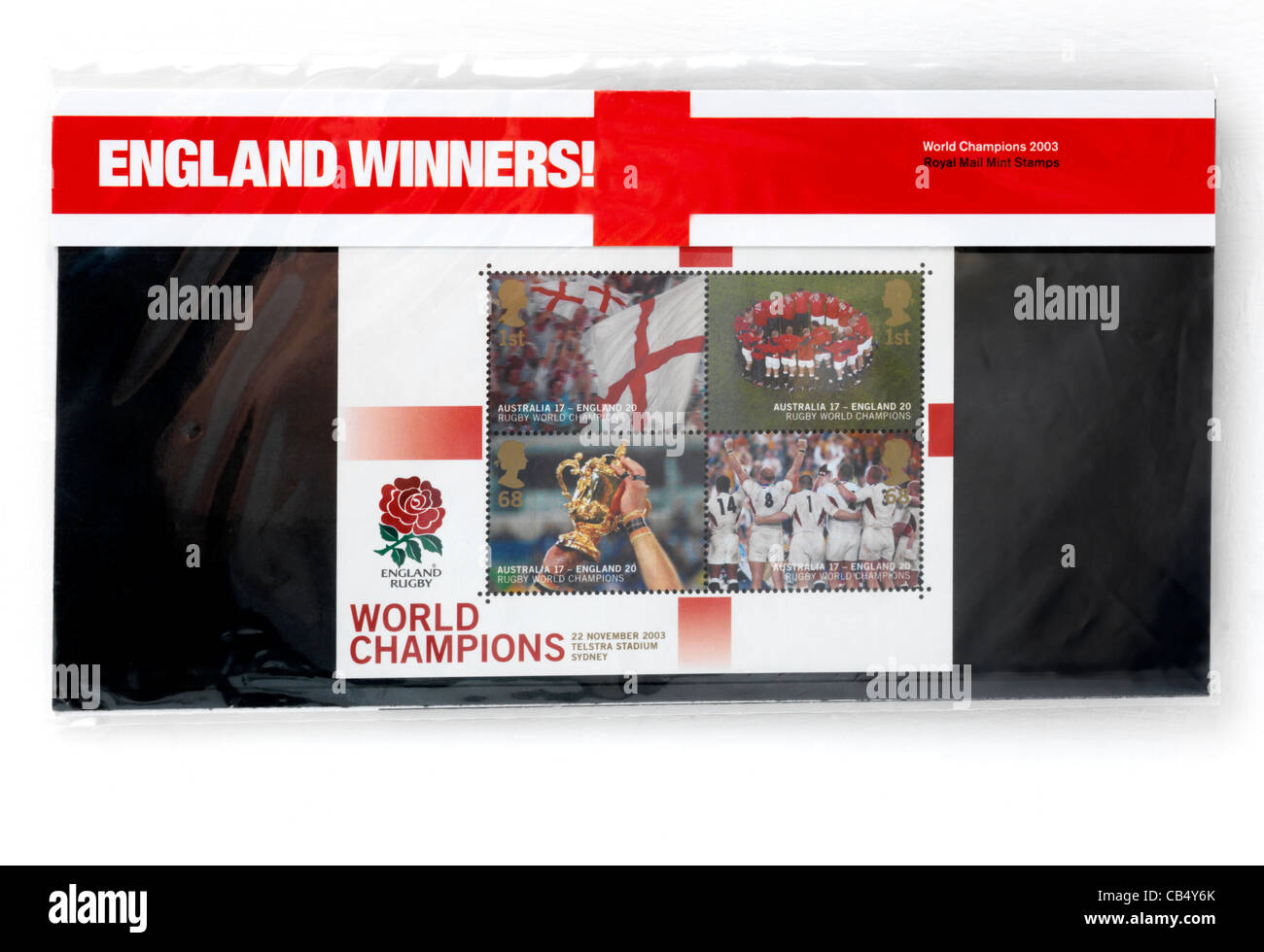 Une collection de timbres dans l'emballage de l'Angleterre les Champions du Monde de Rugby Banque D'Images