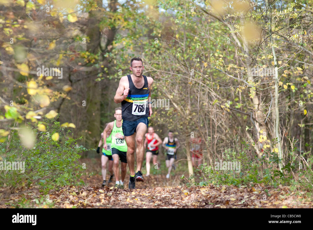 Un coureur mâle porteur mène à travers la forêt dans une course de cross-country Banque D'Images