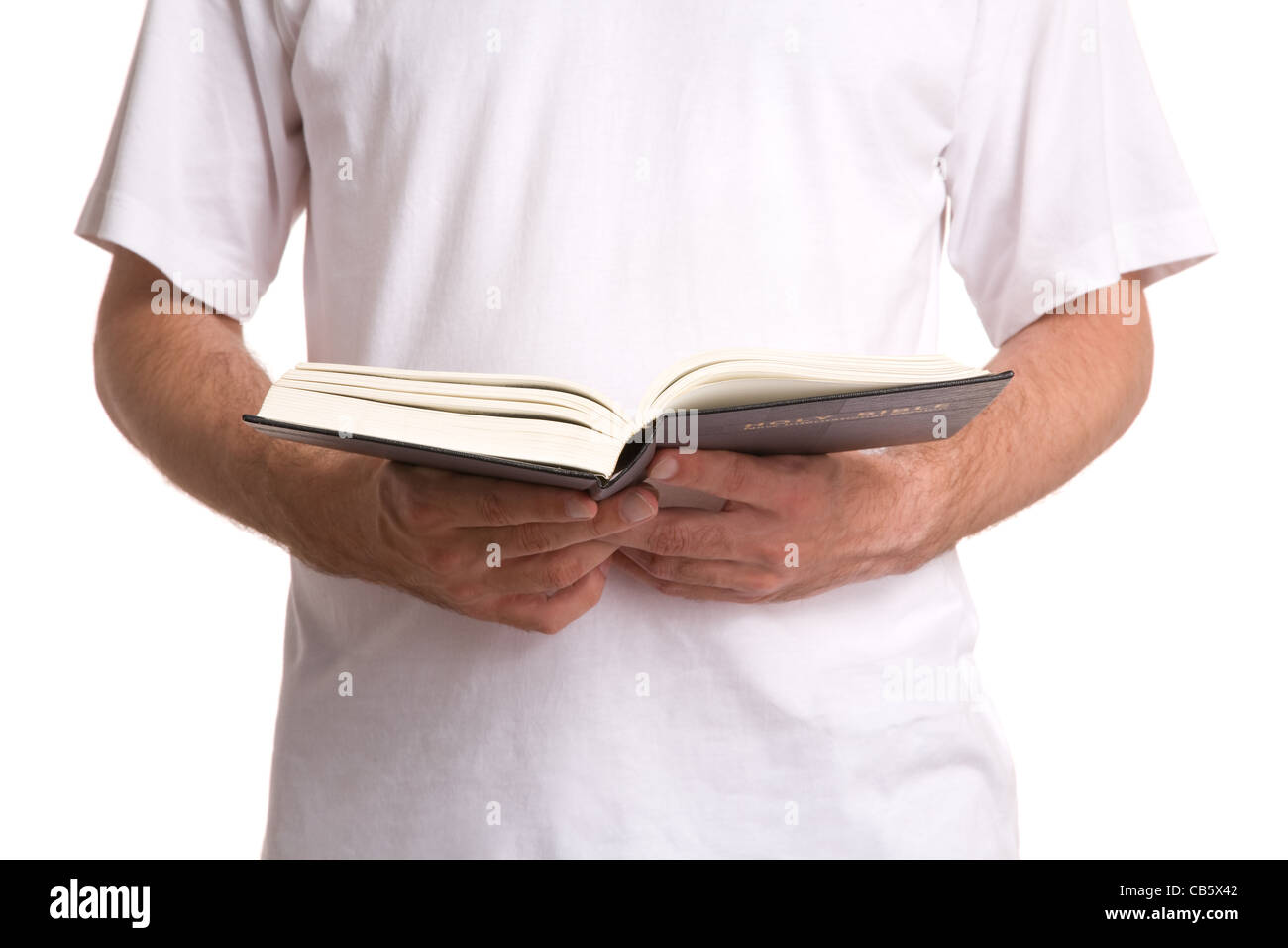 Homme avec livre isolé sur fond blanc Banque D'Images