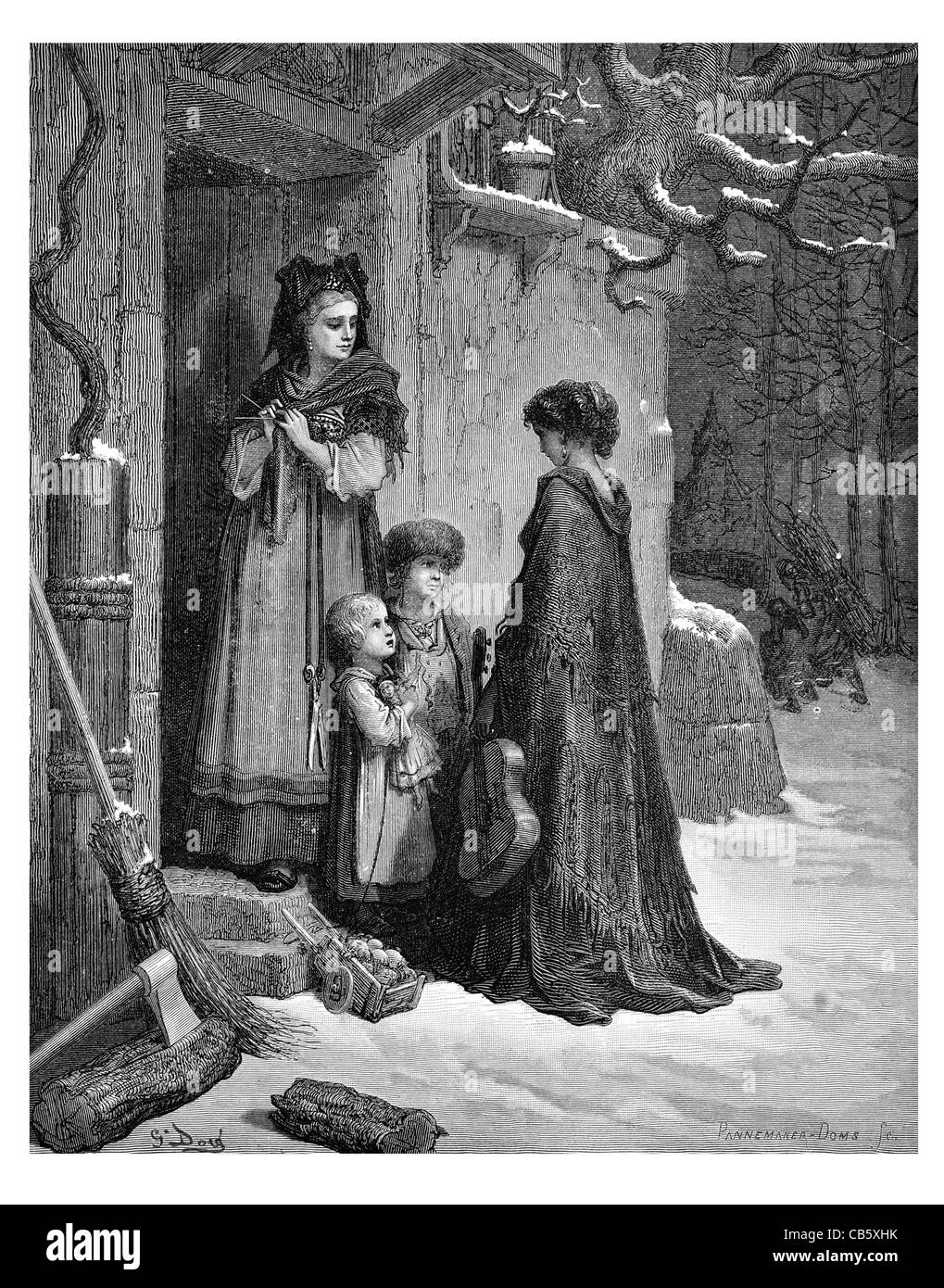 Fontaine La Cigale et la Fourmi la sauterelle et la Fourmi hiver neige balai enfant enfants mère cottage forêt guitare ax Banque D'Images