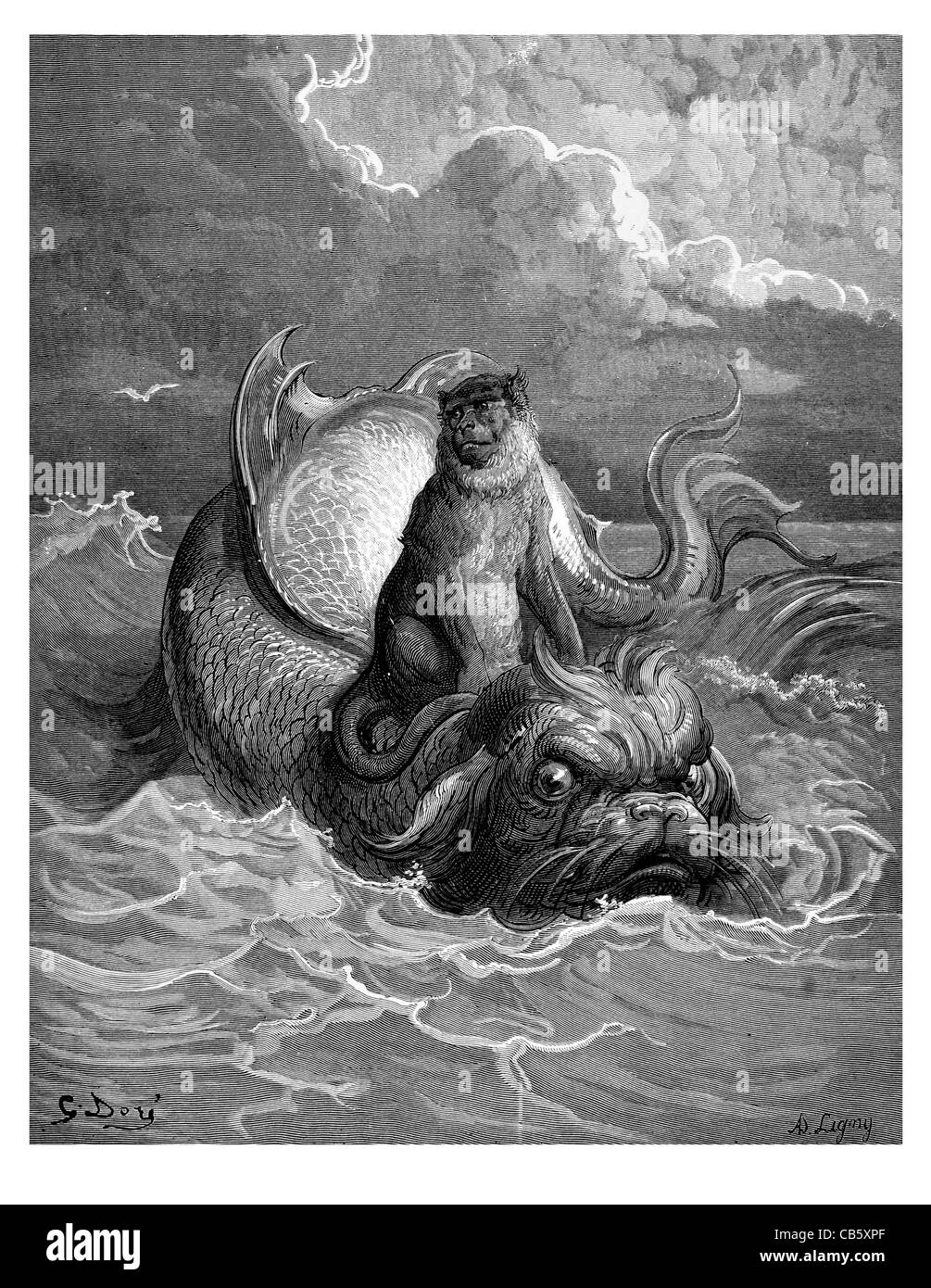 Fontaine Le Singe et le Dauphin le singe et le Dauphin prenant des vagues Océan mer mythique mythologie mythe bête Banque D'Images