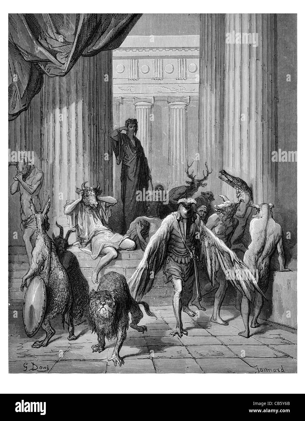 Compagnons d'Ulysse la mythologie grecque ancienne Minatour monstre mythique bête bull eagle lion faon bois crocodile Banque D'Images