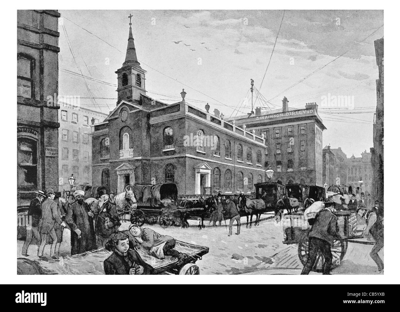 St James's parmi les entrepôts commerciaux commerciaux produisent la vente vendre acheter acheter shop shopping stand décrochage church Banque D'Images