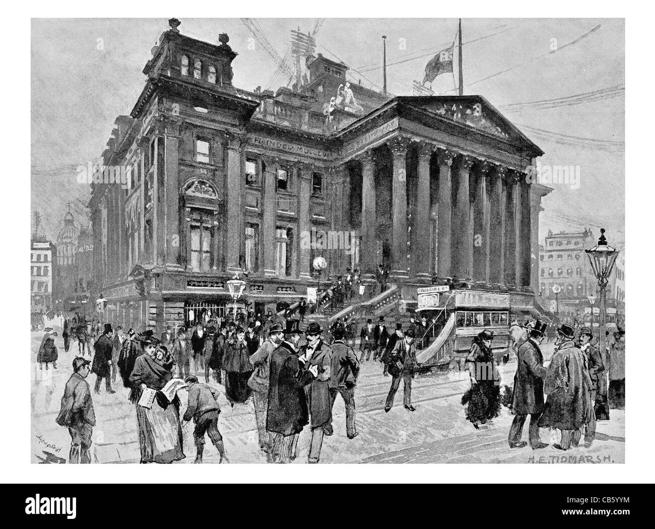 Le Royal Exchange, Rue de colonnes colonne ionique fer tramway architecture top hat crossing road Banque D'Images