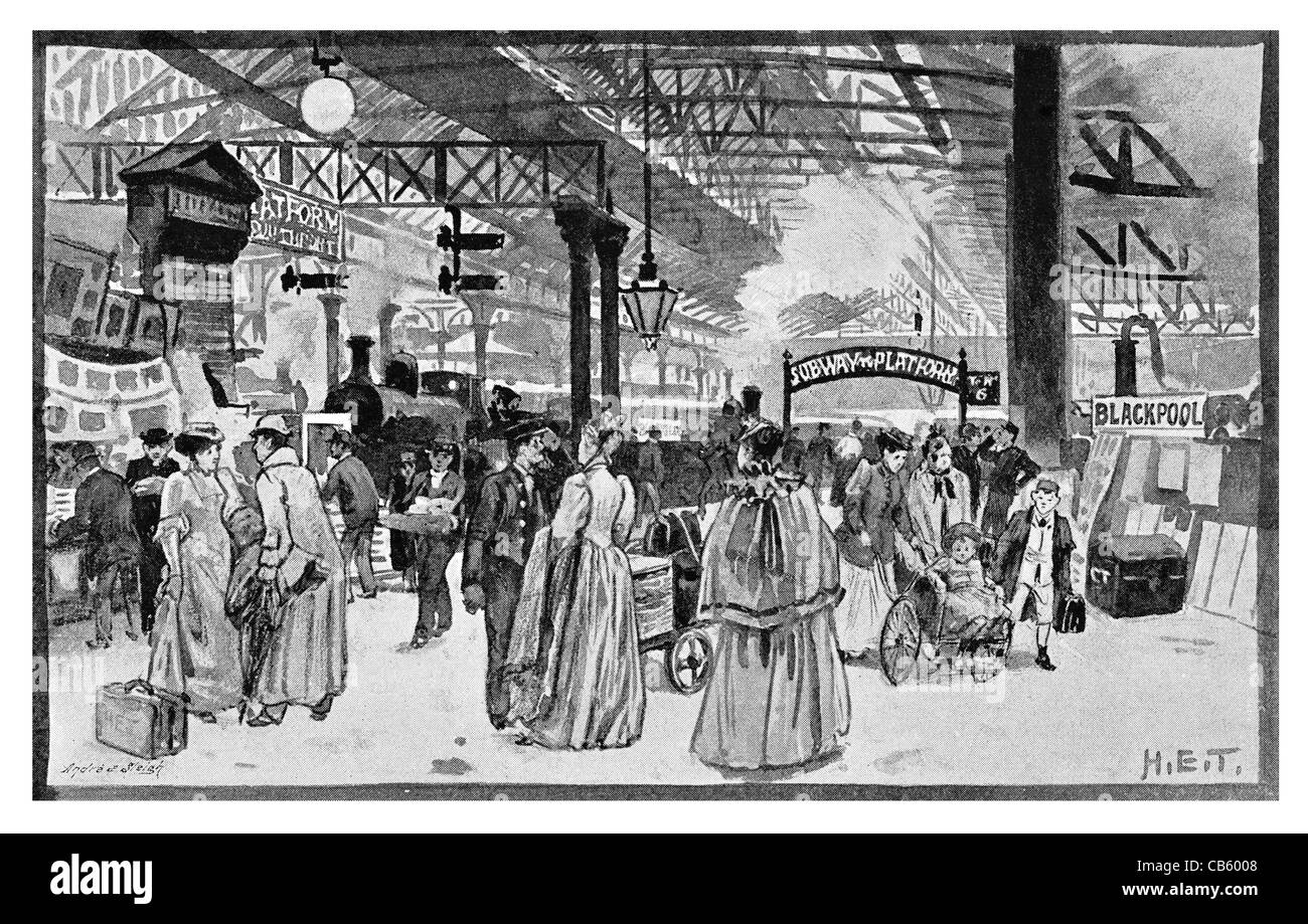 La gare Victoria de Manchester Angleterre plates-formes plate-forme de train train quotidien de la locomotive à vapeur du vendeur magasin de décrochage Banque D'Images
