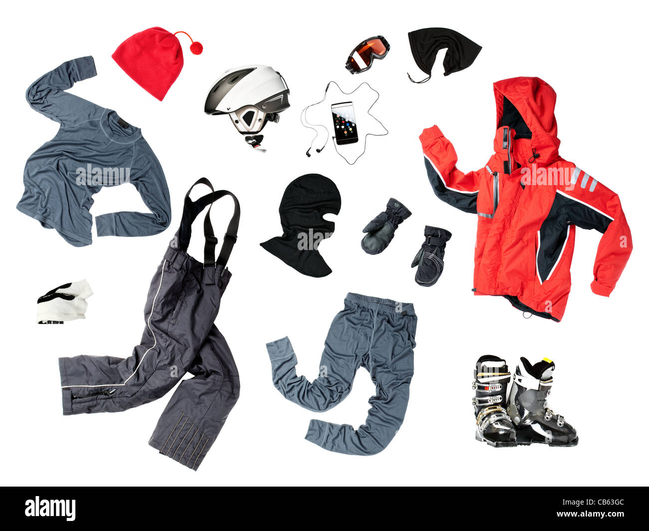 L'ensemble de tous les skieurs de l'enfant nécessaire Vêtements et accessoires pour l'hiver à l'extérieur, isolé sur fond blanc Banque D'Images