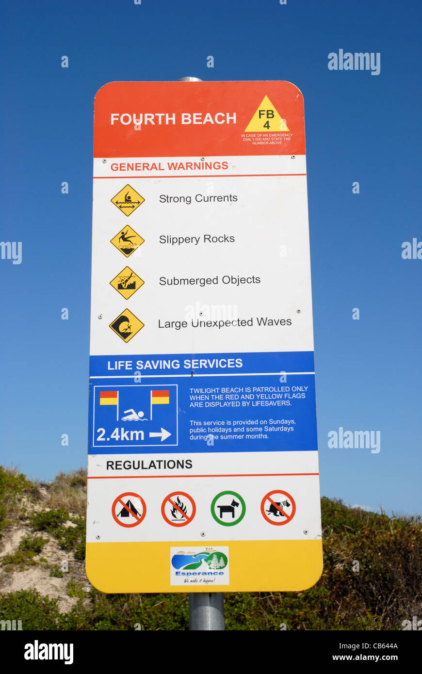 Avertissements généraux et règlements pour signer à la quatrième plage, Esperance, Australie occidentale, Australie Banque D'Images