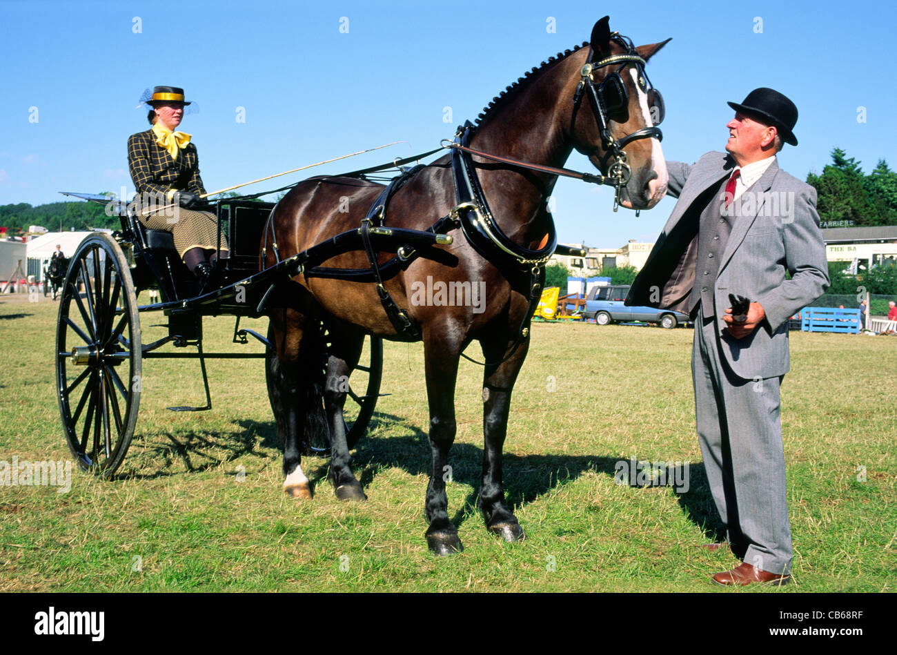 Royal Welsh Show de Builth Wells, Pays de Galles, Royaume-Uni. Cheval et chariot piège préparent à entrer sur le ring d'exposition. Salon de l'agriculture annuel Banque D'Images