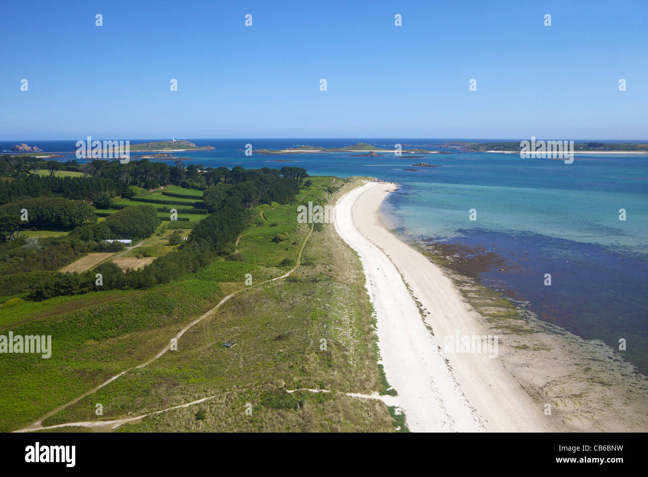 Photo aérienne de Tresco, Îles Scilly, Cornwall, England, UK, FR, Grande-Bretagne, British Isles, Europe Banque D'Images